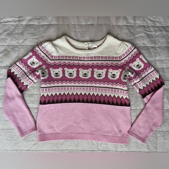 Gymboree Pink Polar Bear Fair Isle Statement Sweater Scandinavian Folksy - 12 - Picture 1 of 7